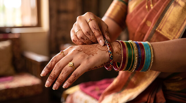 Indian bride hands with henna mehndi and colorful glass bangles adjusting traditional jewelry