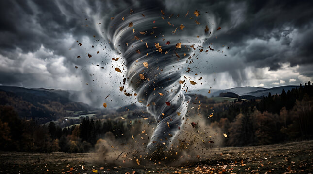 Powerful tornado twister swirling in rural landscape with autumn leaves flying in storm