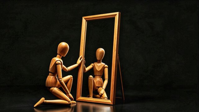 Wooden Mannequin Kneeling Before Mirror &mdash; Self-Reflection, Identity and Inner Self Concept