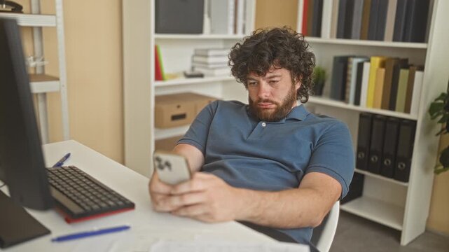 Man scrolling smartphone at desk in building, reclined in chair with keyboard and monitor nearby; boredom distraction.