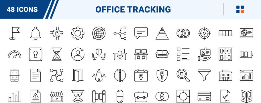 Workspace utilization line icon set. Vector pictograms of occupancy, tracking, office, and analytics elements, thin linear illustration.