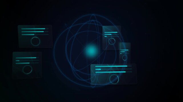 Spatial HUD Interface: A futuristic 3D animation featuring a glowing blue holographic heads-up display with floating digital panels, data lines, and abstract network nodes in a dark cyberspace environ