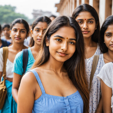 young adult indian woman with long black hair wearing a blue top standing in a crowd with a calm half-smile and a blurred background of a colonnade building