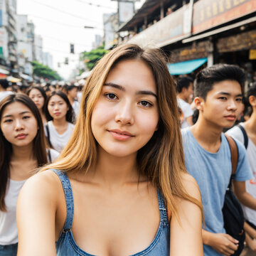 young adult indonesian woman with a soft calm half-smile wearing a denim top taking a selfie in a crowded city street with a blurred background of signs and pedestrians