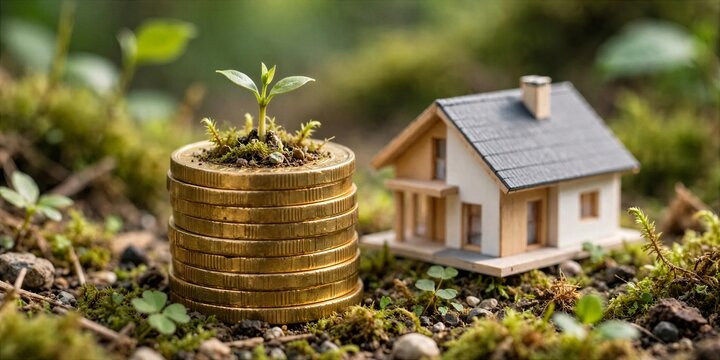 Seedling Growing From Coins Beside Model House