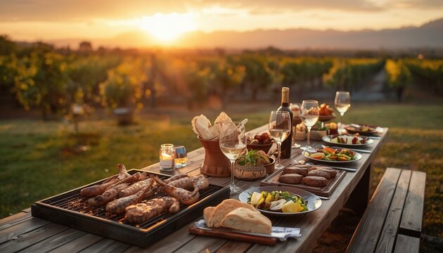 Sunset Vineyard Feast: A lavish picnic spread awaits on a rustic wooden table, set against the breathtaking backdrop of a vineyard at sunset. Delicious food, wine.