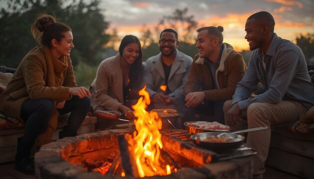 Campfire Gathering at Dusk: A group of friends shares laughter and food around a crackling campfire as dusk settles, creating a warm and inviting atmosphere.