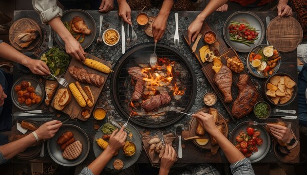 Feast of Friends: A group of people gathers around a table laden with delicious food, sharing a communal meal of grilled meats, vegetables, and side dishes.