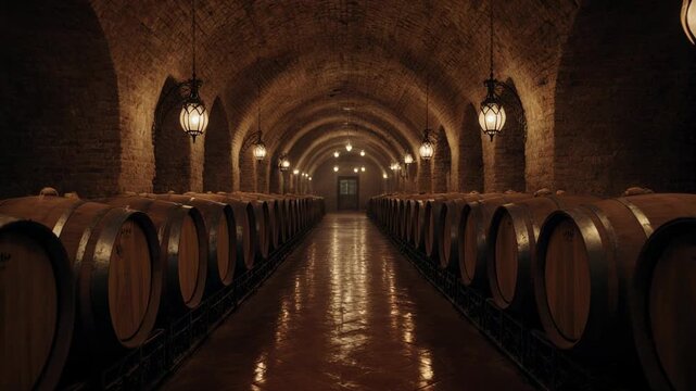Inside a dim wine cellar with wooden barrels arches.