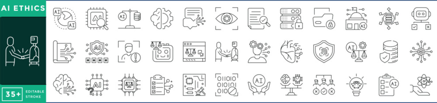 AI Ethics related line icons set. Vector editable stroke.