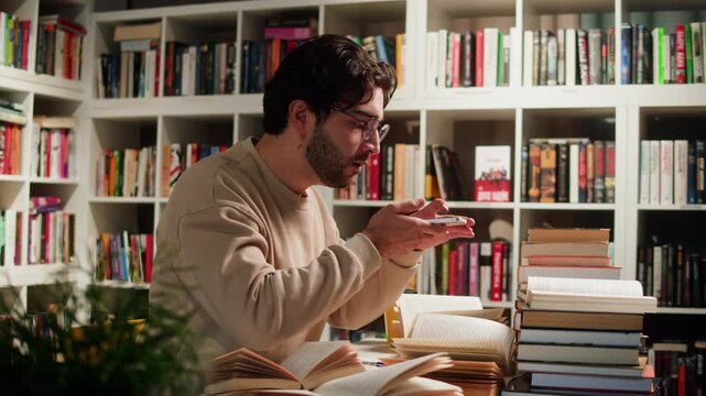 Young student man doing homework in University Library, Book Shop or Store, Spanish Student Wearing Glasses Standing near Bookshelf Reads Book and Exam Preparations. 