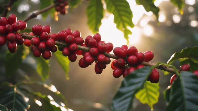 Close-up of ripe red coffee cherries growing on a branch of a coffee plant in a plantation.