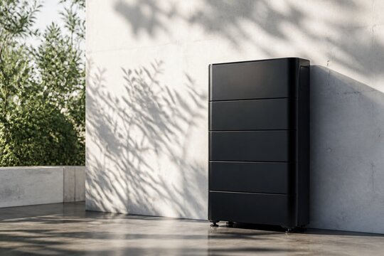 Black solar battery storage unit against a concrete wall