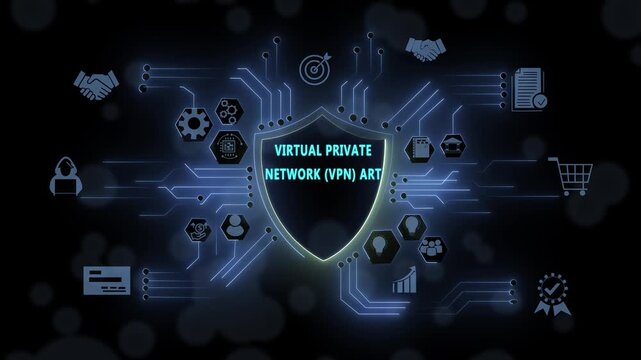 Advanced virtual private network vpn cybersecurity shield concept featuring digital circuitry infographic and secure data encryption technology motion for corporate network protection