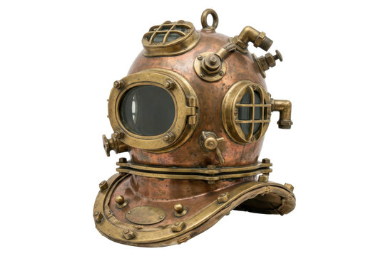 Antique copper diving helmet with brass fittings isolated on black