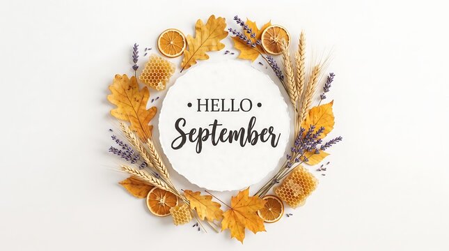 Minimalist autumn flat lay composed of a circular sign with hello september text surrounded by colorful leaves and wheat on white.