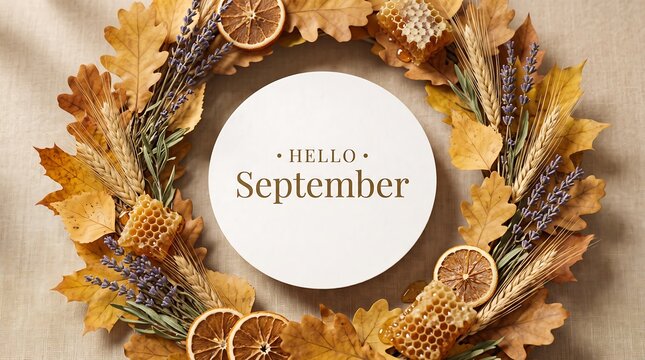 Seasonal wreath made of autumn leaves, lavender, and citrus slices with a round central label that reads hello september on fabric.