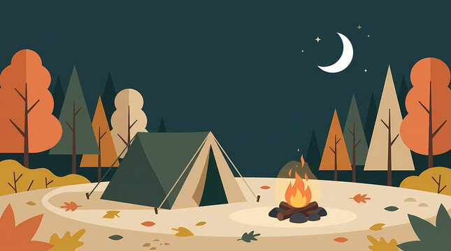 Flat Vector Illustration of a Peaceful Night Camping Scene with a Cozy Bonfire and Autumnal Maple Leaves on a Soft Beige Forest Background