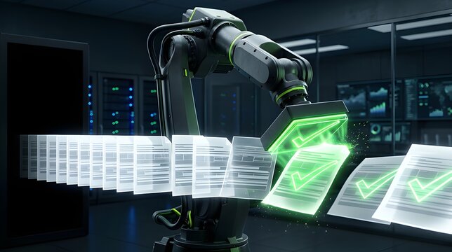 Automated RegTech Compliance with Glowing Green Checkmark Stamping Documents