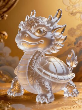A traditional Chinese dragon turtle feng shui sculpture made from transparent inflatable plastic, turtle shell combined with a dragon head, small horns and sturdy legs, intricate wrinkles 
