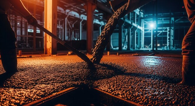 Construction Workers Pouring Concrete Inside Industrial Building At Night