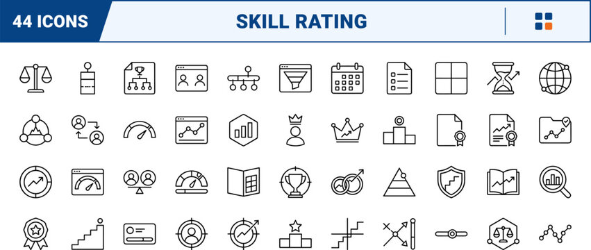 Elo Graph Line line icon set. Vector pictograms of rating, progression, competition, and performance elements, thin linear illustration.