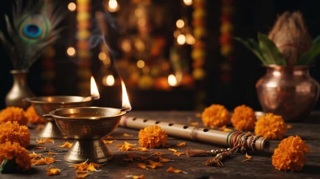 Traditional Krishna Janmashtami Decor With Flute And Kalash