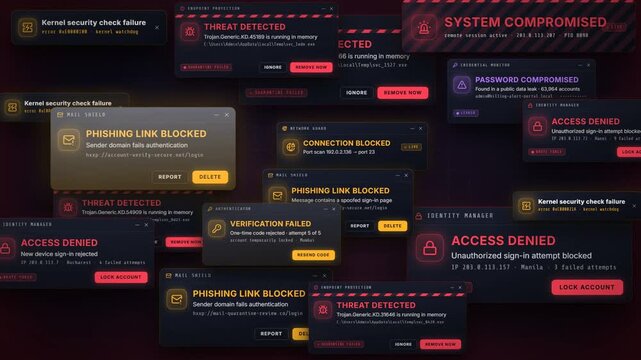 Cybersecurity threat alert popups flooding dark screen with malware and data breach warnings