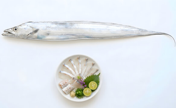 Fresh Whole Cutlassfish with Sashimi Plate on White Background