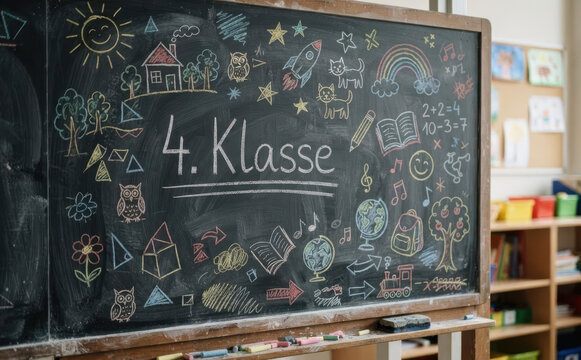 4. Klasse Schultafel mit bunten Kreidezeichnungen f&uuml;r den Schulbeginn und Grundschule