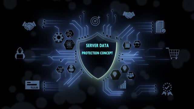 Advanced server data protection concept featuring glowing digital shield cybersecurity infographic with network circuitry nodes and secure cloud computing infrastructure for enterprise it