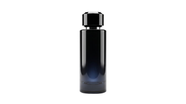 Elegant black perfume bottle, luxury glass fragrance container, minimalist dark cologne spray for men and women isolated PNG with Transparent Background
