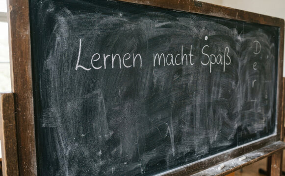 Lernen macht Spa&Atilde;&Yuml; geschriebene Tafel in einem Klassenzimmer als Konzept f&Atilde;&frac14;r Bildung und Schule