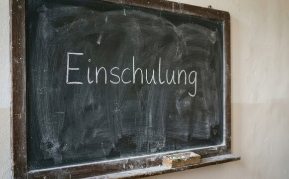 Einschulung Schultafel mit Kreide geschrieben Schulstart und Schulanfang