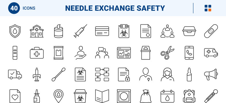 Needle Exchange Program line icon set. Vector pictograms of harm reduction, medical supply, community health, and prevention elements, thin linear illustration.