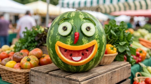 Green smiling vegetable face with fresh produce basket.