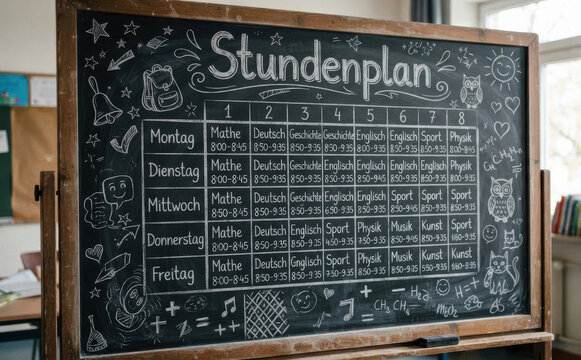 Stundenplan auf Tafel geschrieben mit Schulf&auml;chern und Stunden f&uuml;r die Schule und Bildung
