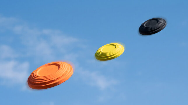 Three Colorful Clay Pigeon Shooting Targets Flying Against Blue Sky