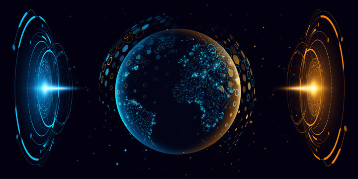 Futuristic digital Earth globe with glowing blue and orange energy interfaces, holographic HUD elements, hexagonal patterns and network connections on a dark background. Vector illustration.