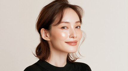Fototapeta premium 美容, 女性, スキンケア, 化粧品, ビューティー, 若い女性, 美肌, 日本人, アジア人, フェイシャル, メイク, 美容液, 保湿, クリーム, エイジングケア, 美容医療, エステ, 美容クリニック, 肌ケア, ナチュラルメイク, 透明感, ツヤ肌, モデル, 笑顔, ポートレート, クローズアップ, リラックス, 癒し, 健康的, 美白, コラーゲン, ヒアルロン酸, アンチエイジング