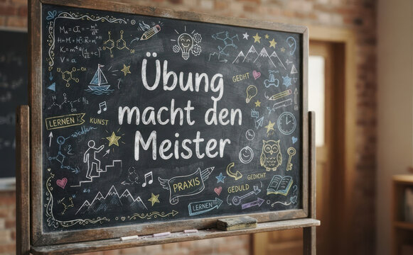&Uuml;bung macht den Meister Tafel mit deutscher Aufschrift &uuml;ber Lernen Bildung und Erfolg f&uuml;r Schule