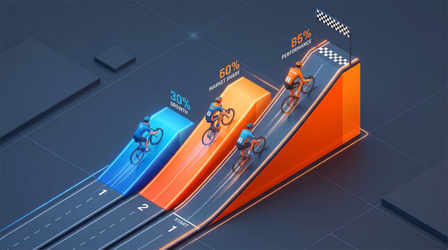 Cyclists racing up colored ramps to a performance finish