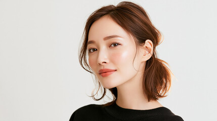 Fototapeta premium 美容, 女性, スキンケア, 化粧品, ビューティー, 若い女性, 美肌, 日本人, アジア人, フェイシャル, メイク, 美容液, 保湿, クリーム, エイジングケア, 美容医療, エステ, 美容クリニック, 肌ケア, ナチュラルメイク, 透明感, ツヤ肌, モデル, 笑顔, ポートレート, クローズアップ, リラックス, 癒し, 健康的, 美白, コラーゲン, ヒアルロン酸, アンチエイジング