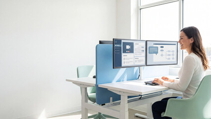 Obraz premium Professional young woman happily working on dual computer monitors at a modern standing desk in a bright, contemporary office environment, with ample copy space available on the left wall.