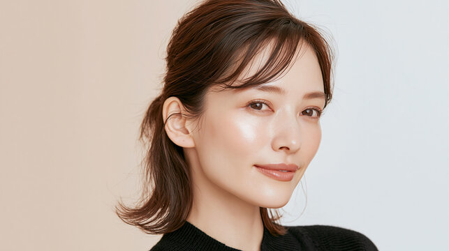 美容, 女性, スキンケア, 化粧品, ビューティー, 若い女性, 美肌, 日本人, アジア人, フェイシャル, メイク, 美容液, 保湿, クリーム, エイジングケア, 美容医療, エステ, 美容クリニック, 肌ケア, ナチュラルメイク, 透明感, ツヤ肌, モデル, 笑顔, ポートレート, クローズアップ, リラックス, 癒し, 健康的, 美白, コラーゲン, ヒアルロン酸, アンチエイジング