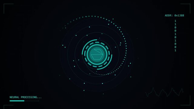 Futuristic 3D visualization of a neural AI core processor featuring animated HUD elements and digital data streams on a dark background for advanced high-tech concepts.
