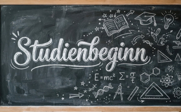 Studienbeginn - Schultafel mit Kreidezeichnungen zu Studium, Wissenschaft und Bildung f&uuml;r den Semesterstart