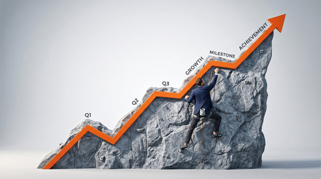 Businessman climbing a rock face shaped like an arrow chart