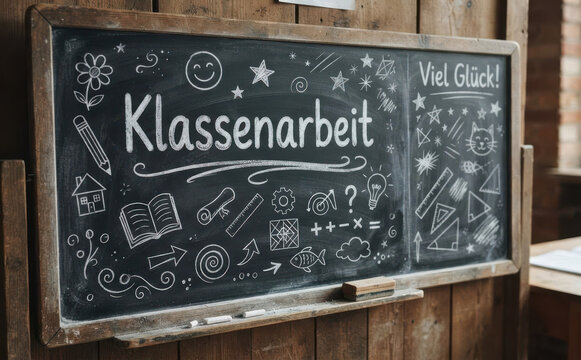 Klassenarbeit Tafel mit Kreidezeichnung und Schulsymbolen als Hintergrundbild fur Prufung und Bildung