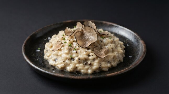 Close Up Truffle Risotto Mound Shaved Truffle Curl Plate Isolated Plain Dark Seamless Background

